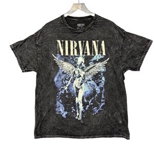 Nirvana Band Tee Mens‎ XL Grey Acid Wash Graphic T-Shirt Angel Retro 90s NWOT